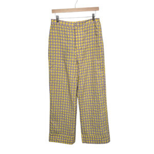 Find Me Now Pants Womens Large Yellow Purple Gingham Checkered Wide Leg Cotton